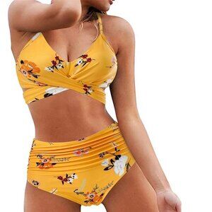 Women's Sexy Bikini Swimsuits - High Waisted Bandage Bikini Yellow Flower Size M